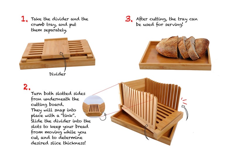 Kitchen Seven Bamboo Bread Slicer with Crumb Tray Bamboo Bread Cutter for Homemade Bread, Loaf Cakes, Bagels Slicer, 3 Slice Sizes, Adjustable, Compact, Foldable - Image 3